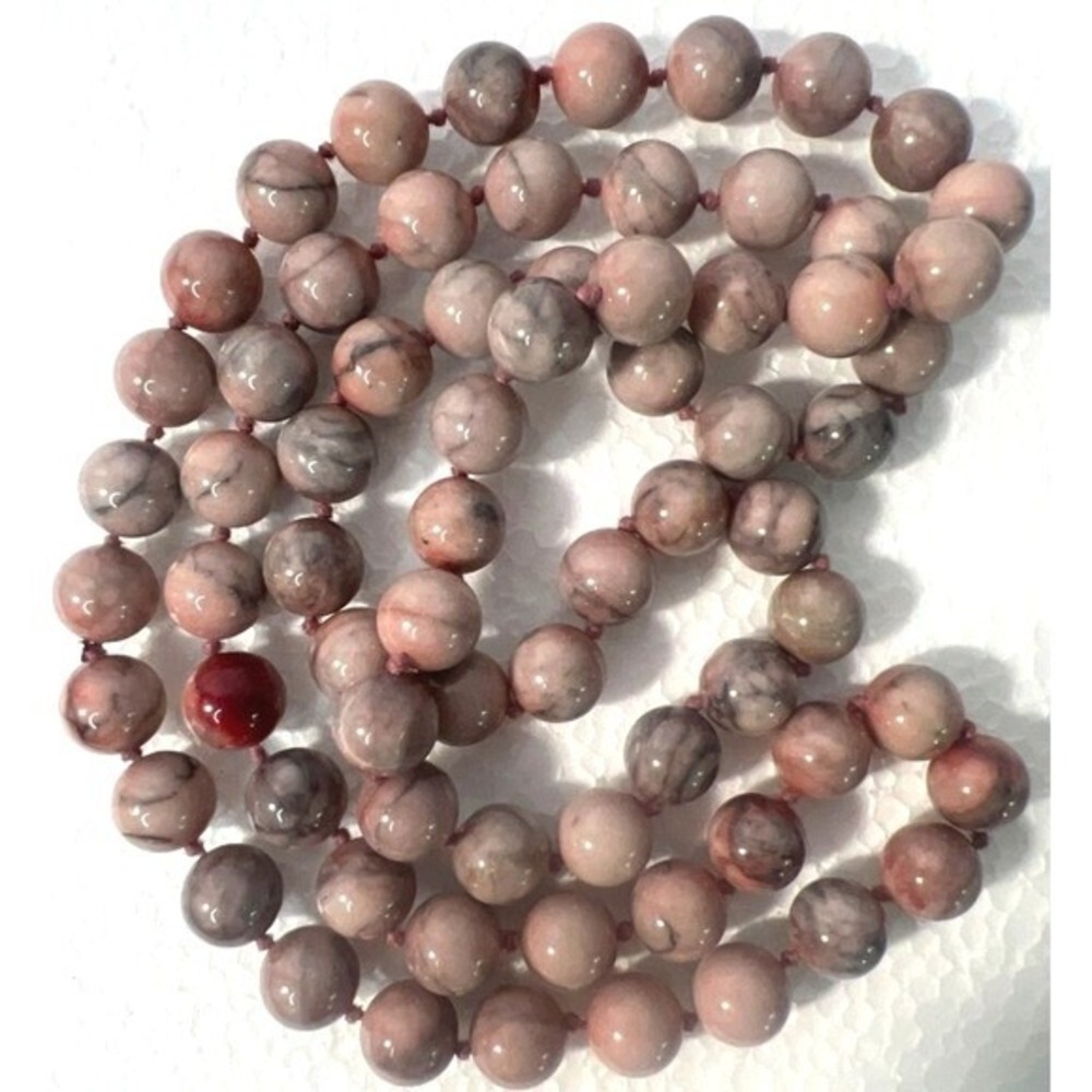 Artisan Beaded Necklace‎ 32" Natural Zebra Jasper 10mm Pink Gray Polished Knotts